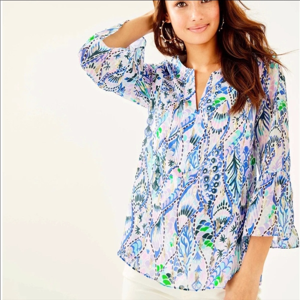 XS Lilly Pulitzer Elenora Coastal Print Silk Top